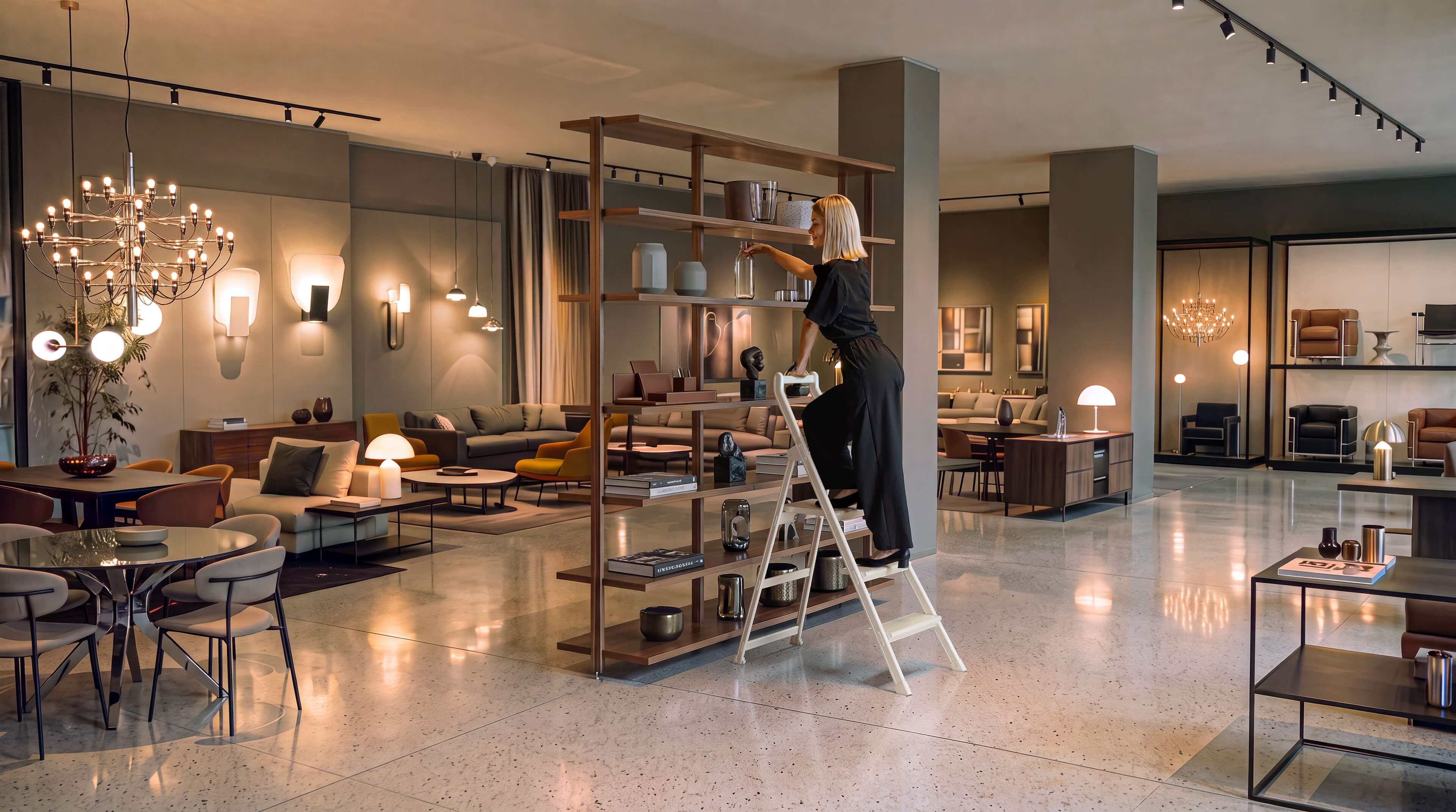 Staff using a SHOPLADDER step ladder to organize merchandise in a retail showroom