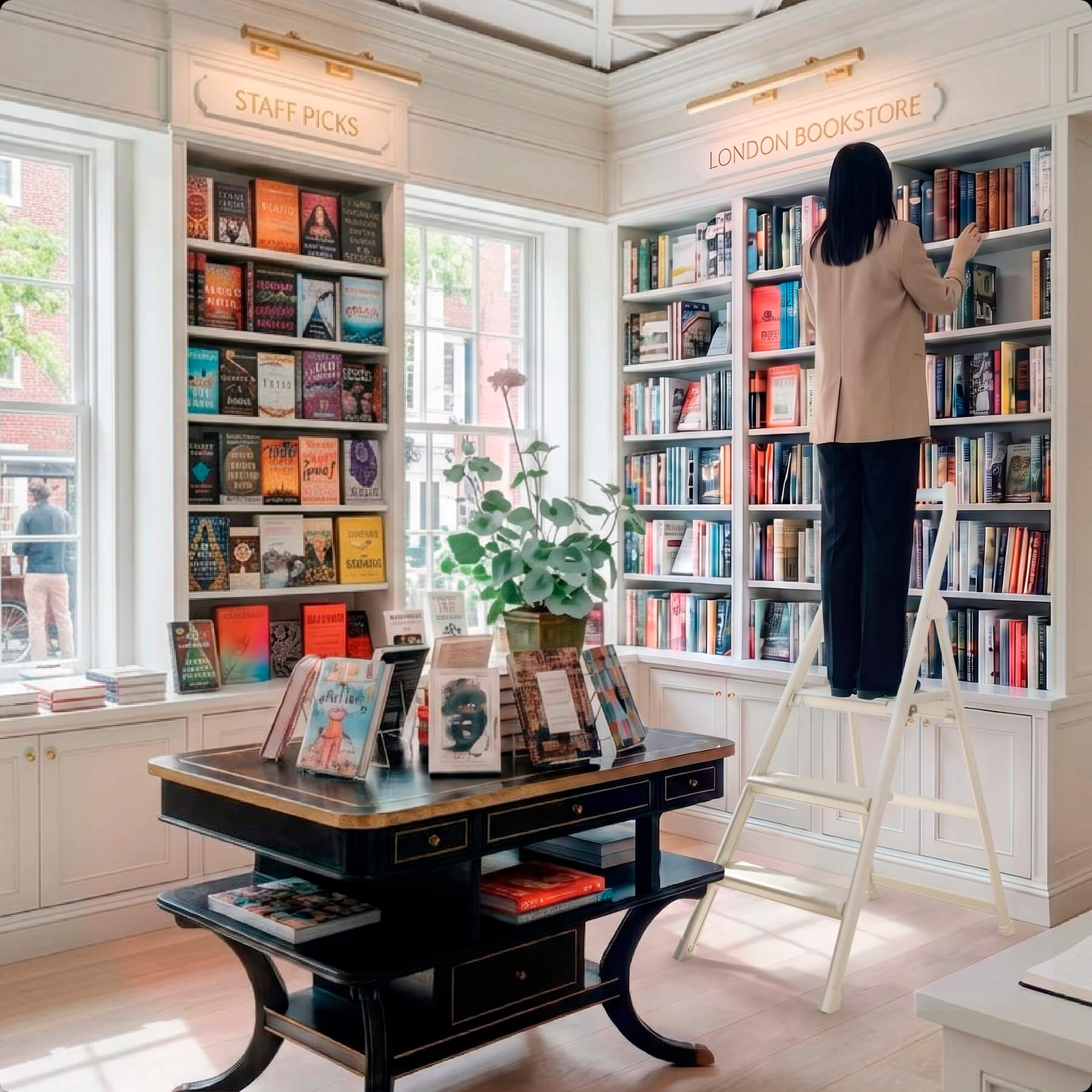 Staff organizing books using a SHOPLADDER step ladder in a bookstore