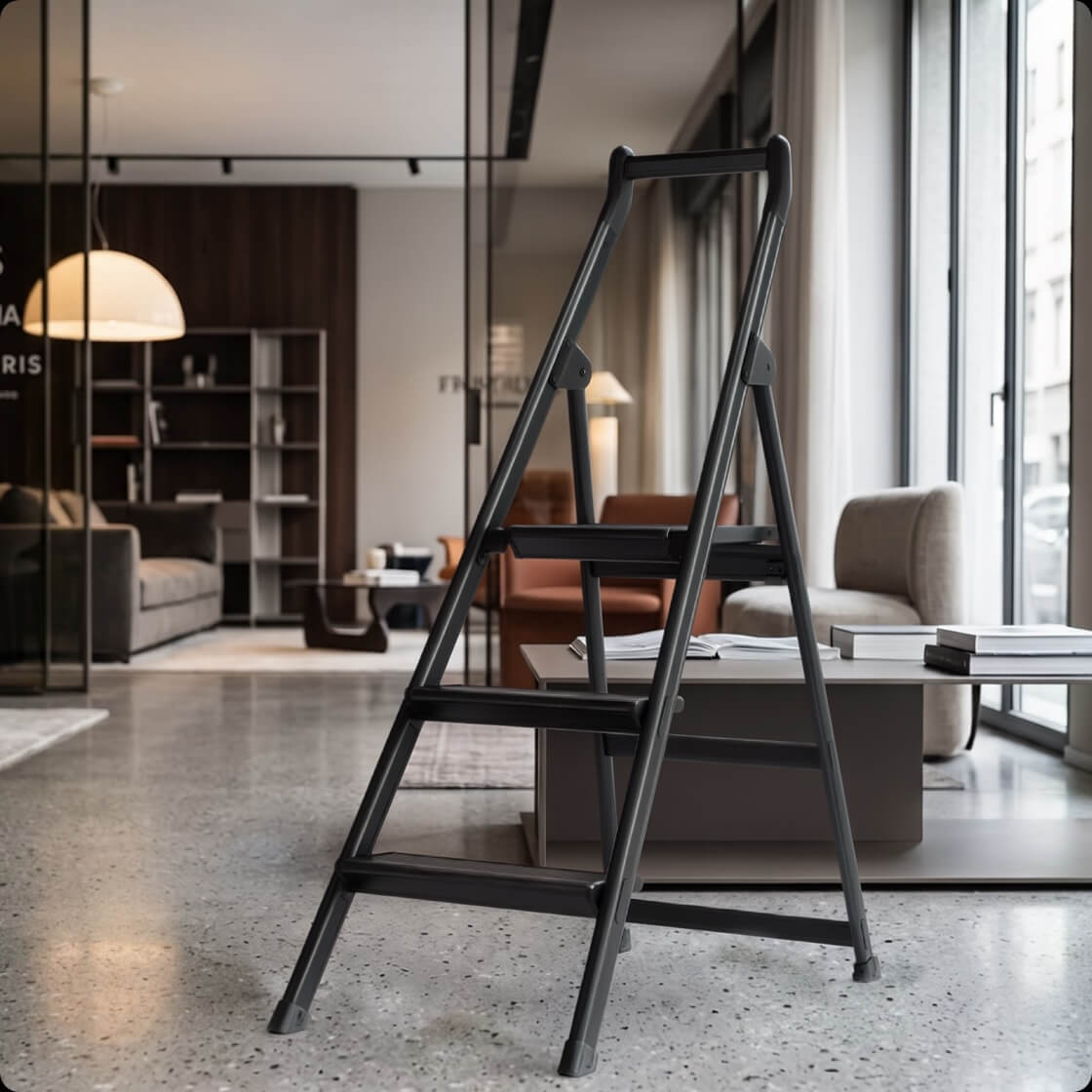 Black SHOPLADDER step ladder in a modern lounge