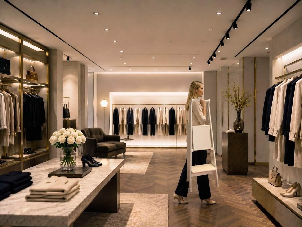 Staff carrying a SHOPLADDER in a boutique