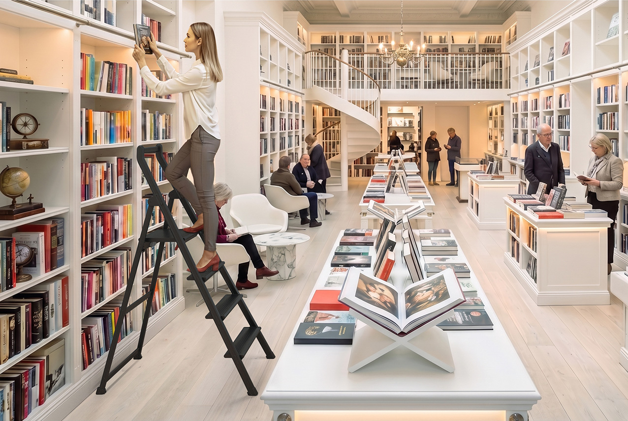 Person using a SHOPLADDER in a bookstore